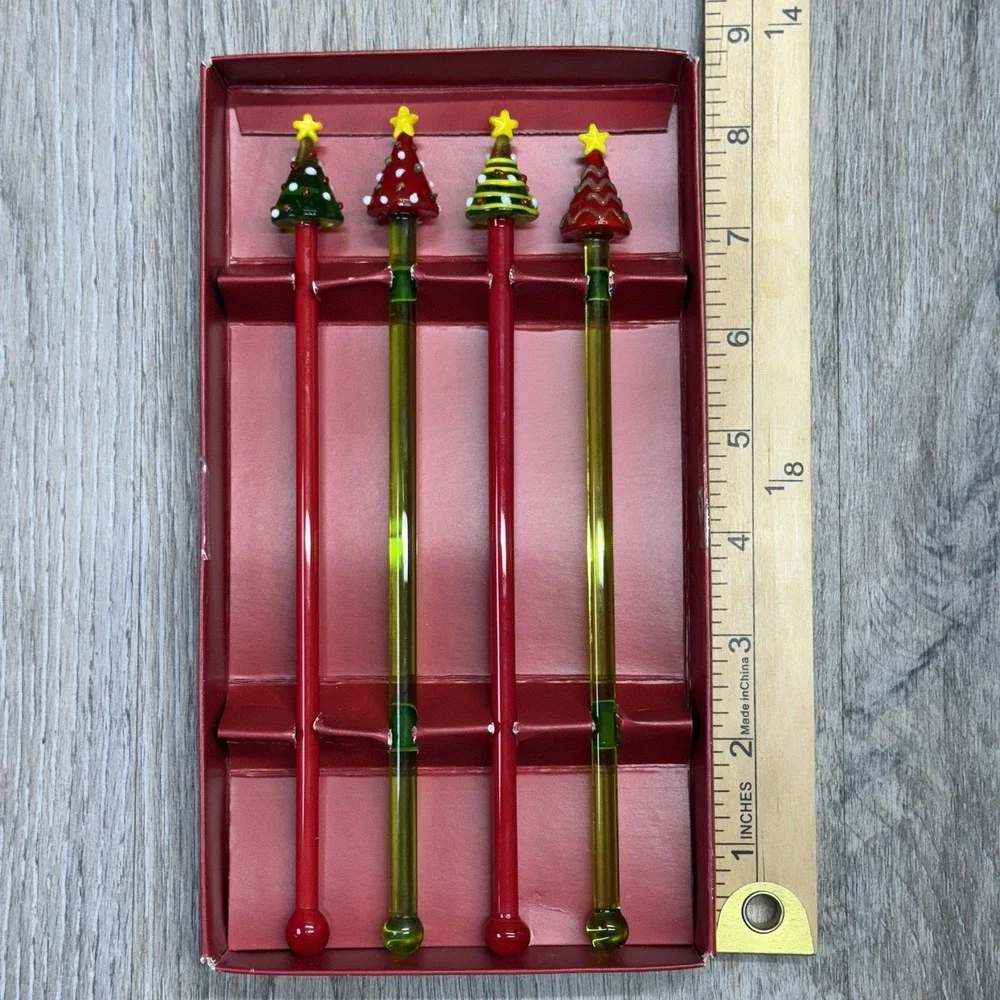 PIER 1 IMPORTS Glass Swizzle Stir Sticks Lot Of Four (4) Christmas Trees Stars